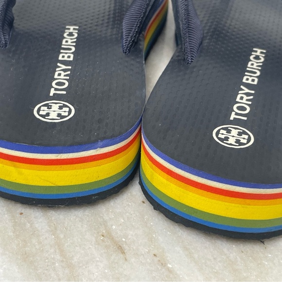 Tory Burch flip flops platform women’s sz 9 Blue with Rainbow Sole - Picture 4 of 9